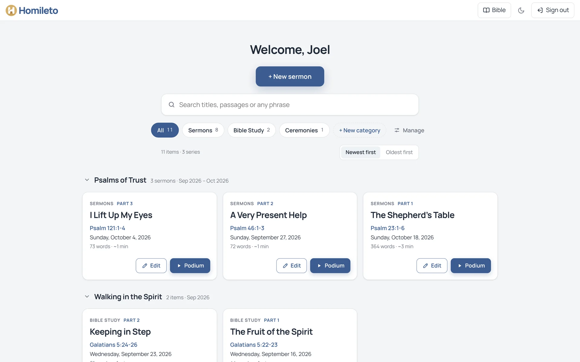 The Library: Welcome, Joel, a New sermon button, search, category chips and the Psalms of Trust series