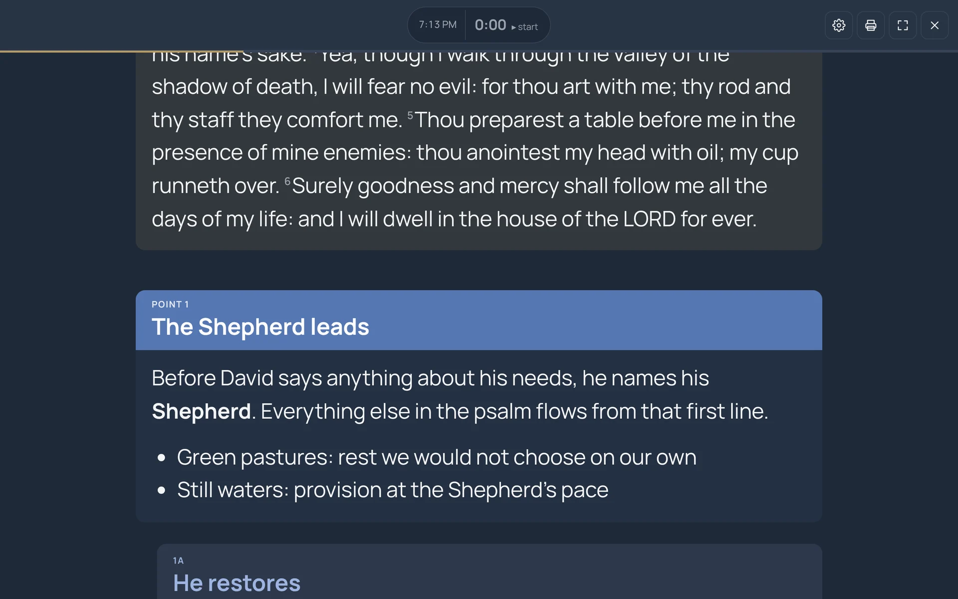 Podium Mode in dark: Point 1, The Shepherd leads, in a blue band with large text