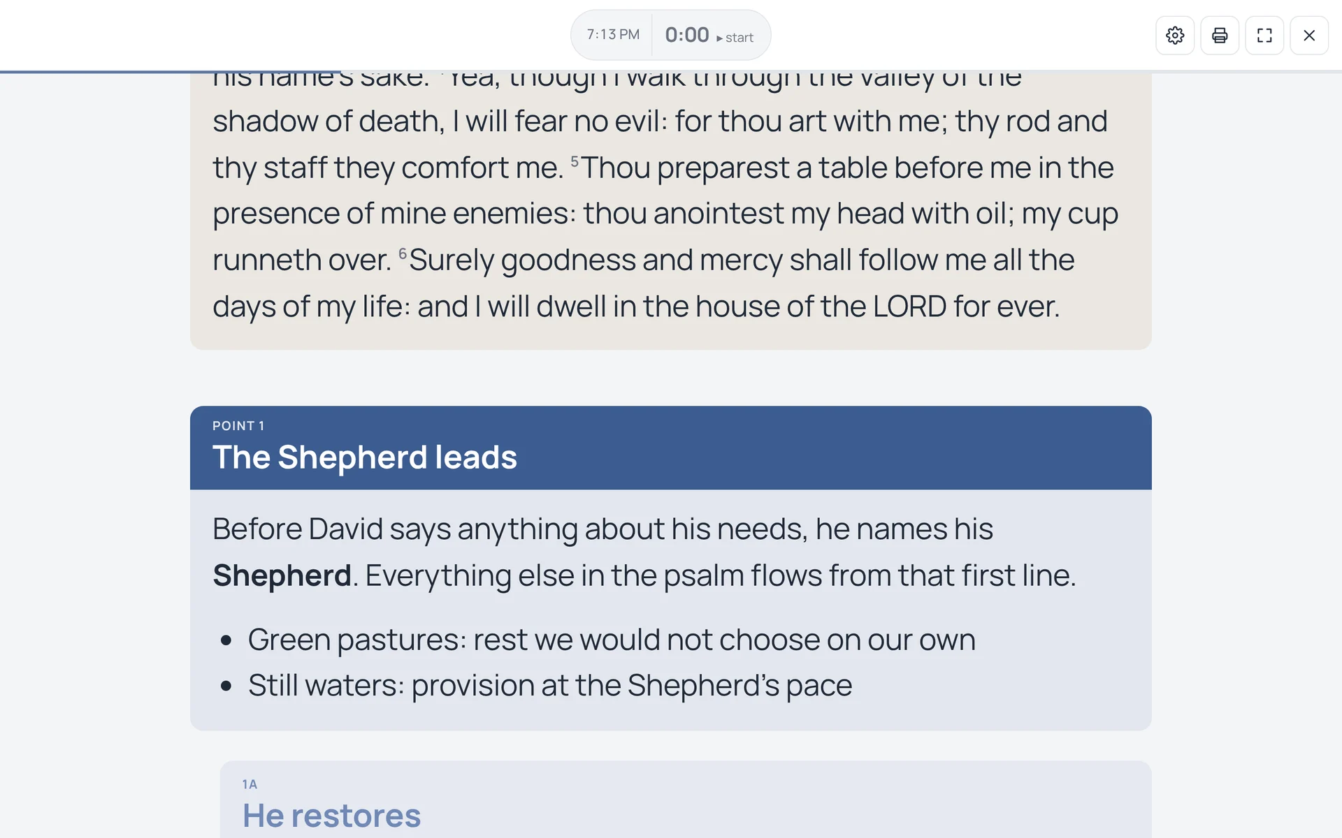 Podium Mode in light: Point 1, The Shepherd leads, in a blue band with large text